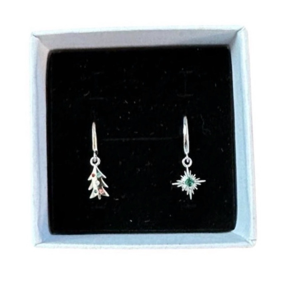 Silver Holiday Tree and Star Dangle Earrings